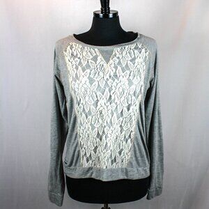 Rewind Gray Top Lace Front Detail Long Sle…